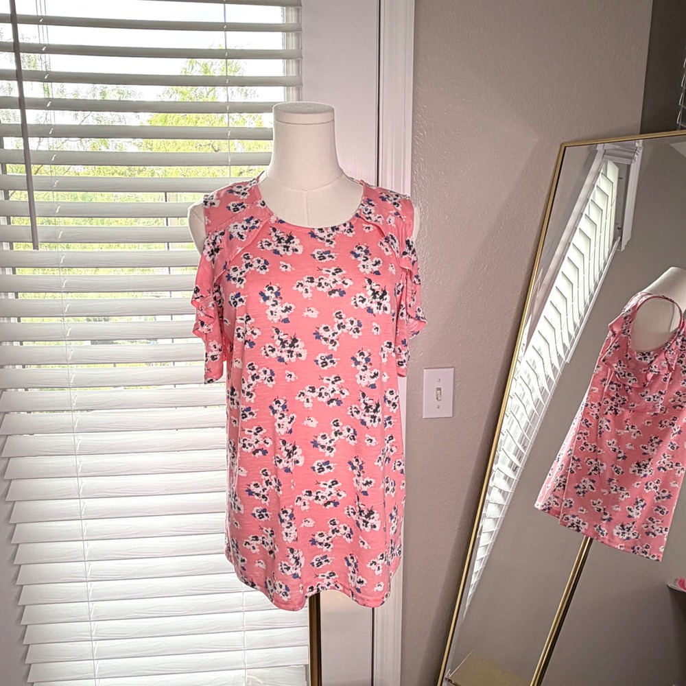 Juicy Couture Pink Floral Cold Shoulder Ruffle Sleeve Top Cottagecore Girly Sz L - Picture 11 of 15